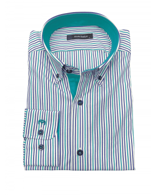 Shirt Button Down Makis Tselios Striped Blue Green on White Base with Green Finish