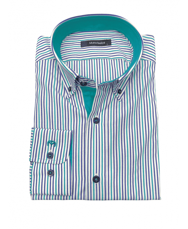 Shirt Button Down Makis Tselios Striped Blue Green on White Base with Green Finish OFFERS