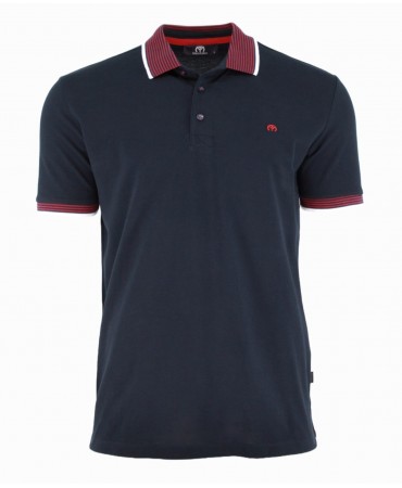 Makis Tselios polo shirt in blue base with collar and sleeve trims in red stripe