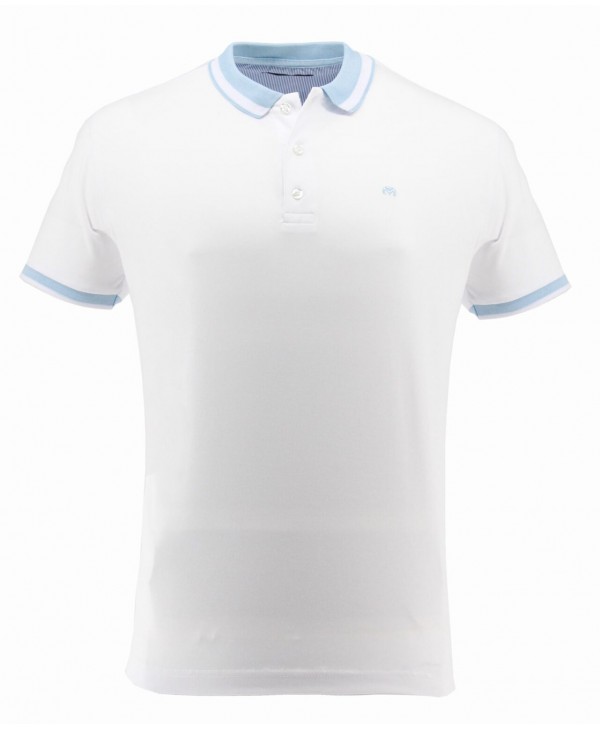 Men's polo shirt on a white base with a blue collar SHORT SLEEVE POLO 