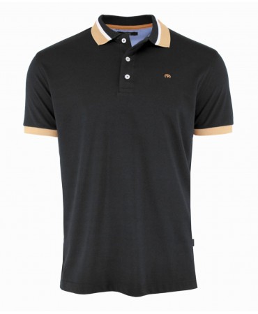 Men's black polo shirt with beige collar