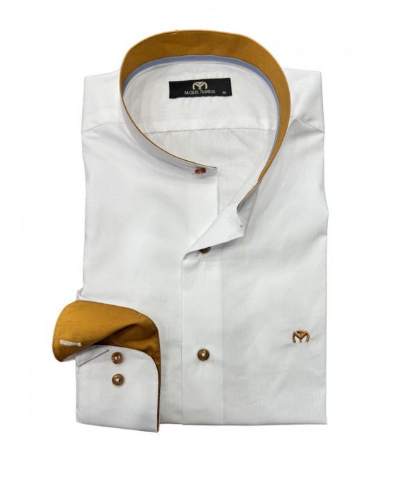 Mao white cotton shirt with special brown trims MAKIS TSELIOS SHIRTS