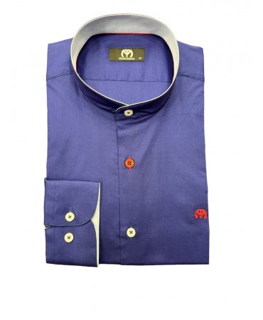 Men's cotton shirt with Mao collar in blue color with light blue trim