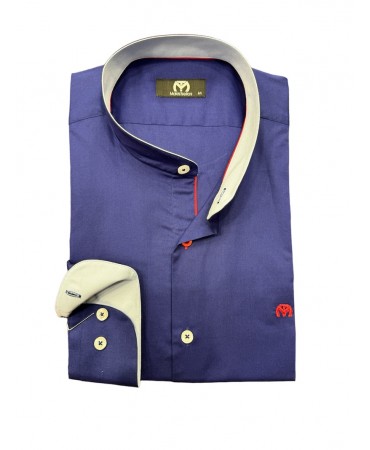 Men's cotton shirt with Mao collar in blue color with light blue trim