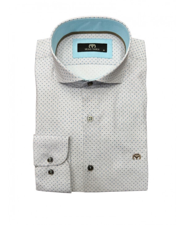 Men's shirt on an off-white base and small designs in blue color MAKIS TSELIOS SHIRTS