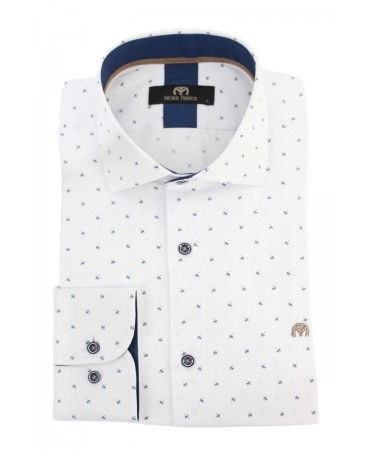 Μάκης Τσέλιος ανδρικό πουκάμισο με μικρό σχέδιο μπλε σε λευκή βάση καθώς και ιδιαίτερα κουμπιά 