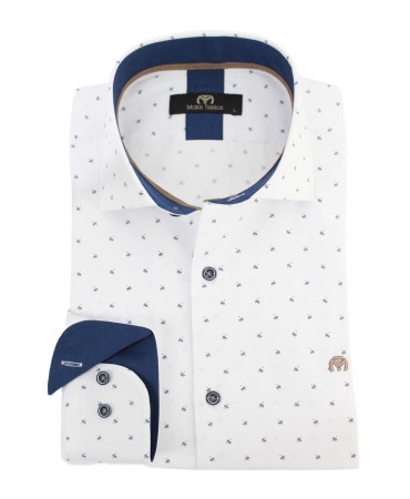 Makis Tselios men's shirt with a small blue pattern on a white base and special buttons