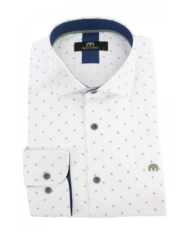 White men's shirt with green small design and blue trim inside the collar and cuff