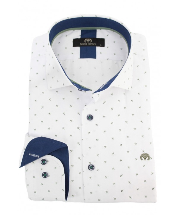 White men's shirt with green small design and blue trim inside the collar and cuff MAKIS TSELIOS SHIRTS