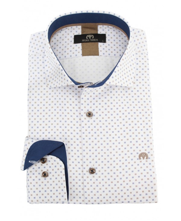 White shirt with blue and beige small pattern MAKIS TSELIOS SHIRTS