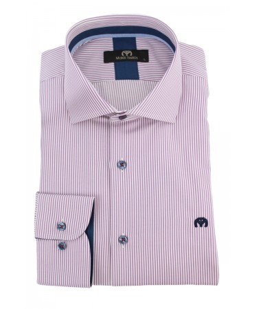 Makis Tselios Men's Shirt in Lilac Stripe with Blue Collar and Cuff Trim