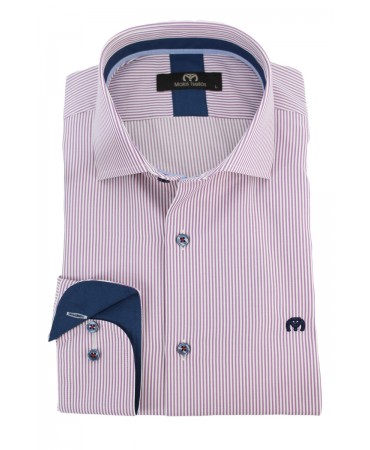 Makis Tselios Men's Shirt in Lilac Stripe with Blue Collar and Cuff Trim