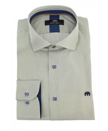 Ανδρικό πουκάμισο ριγέ σε λαδί χρώμα με ιδιαίτερα μπλε κουμπιά 