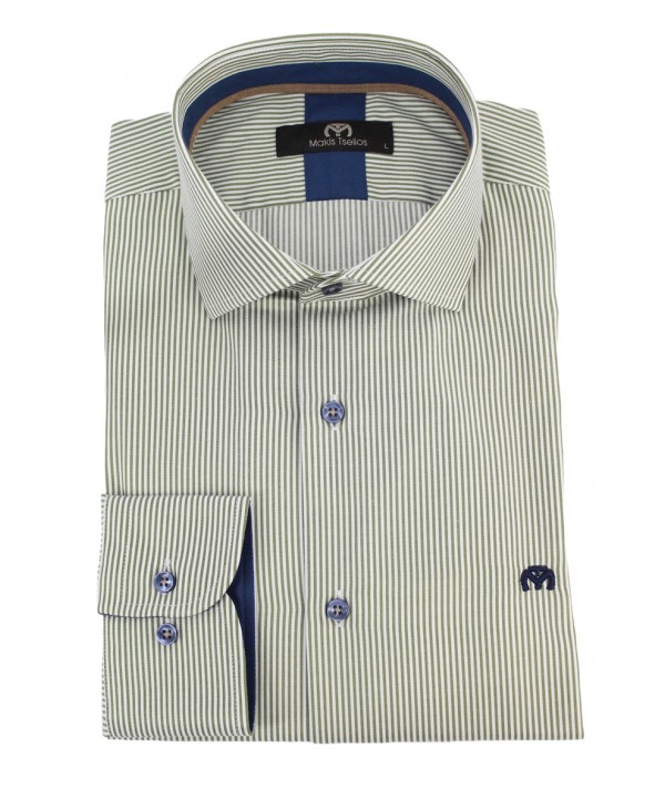 Ανδρικό πουκάμισο ριγέ σε λαδί χρώμα με ιδιαίτερα μπλε κουμπιά  ΠΟΥΚΑΜΙΣΑ MAKIS TSELIOS