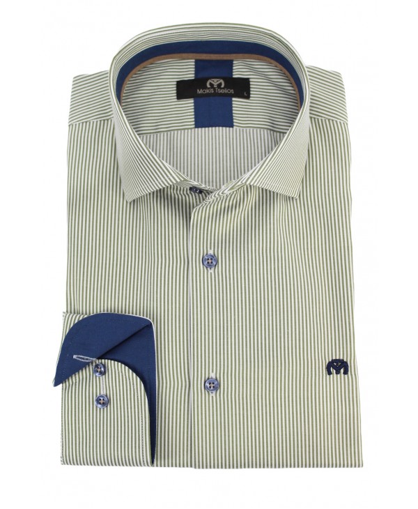 Ανδρικό πουκάμισο ριγέ σε λαδί χρώμα με ιδιαίτερα μπλε κουμπιά  ΠΟΥΚΑΜΙΣΑ MAKIS TSELIOS