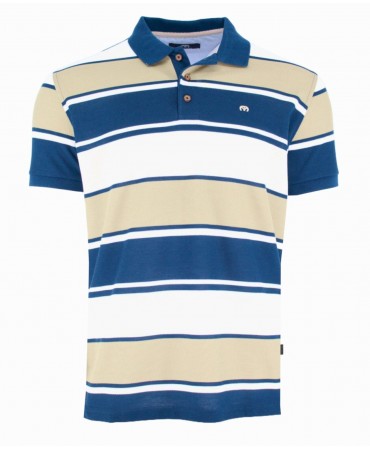 Makis Tselios men's polo shirt on a white base with blue and beige stripes