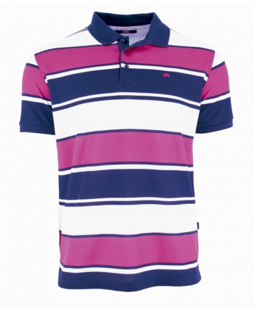Men's polo shirt on a white base with blue and magenta stripes