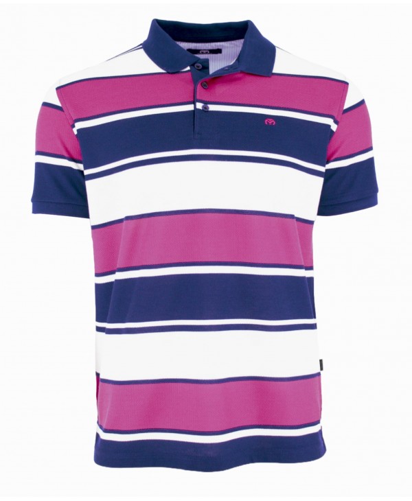 Men's polo shirt on a white base with blue and magenta stripes SHORT SLEEVE POLO 