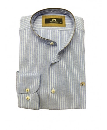 Men's shirt with a Mao collar on a light blue base with a white stripe