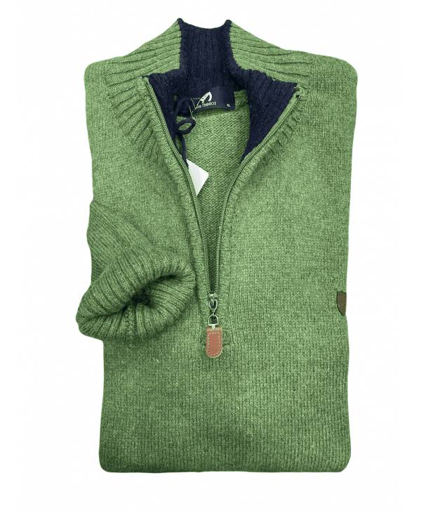 Makis Tselios Knitted Zipper in Green Color and Blue Details POLO ZIP LONG SLEEVE