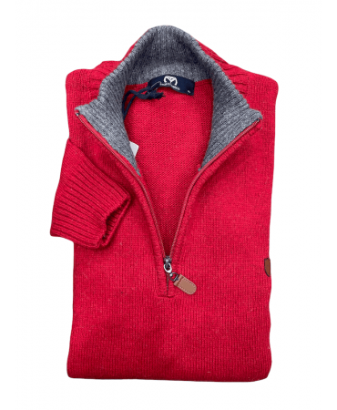 Knitted Makis Tselios Zipper in Red with Gray Details