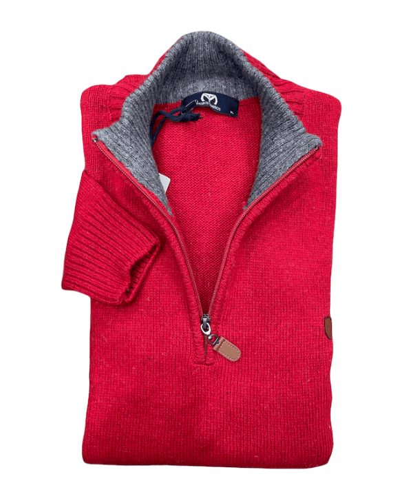 Knitted Makis Tselios Zipper in Red with Gray Details POLO ZIP LONG SLEEVE