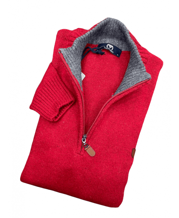 Knitted Makis Tselios Zipper in Red with Gray Details POLO ZIP LONG SLEEVE