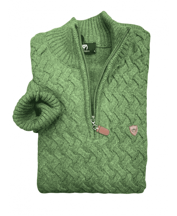 Makis Tselios Knitted with Zipper in Green Color and Embossed Design POLO ZIP LONG SLEEVE