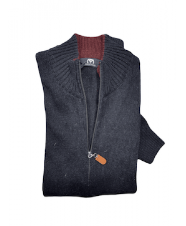 Makis Tselios Knitted Cardigan with Zipper in Blue Color with Bordeaux Details and Pockets