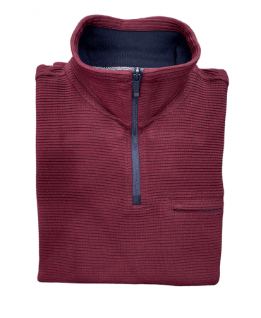 Burgundy zip up polo with blue trim and zip pocket