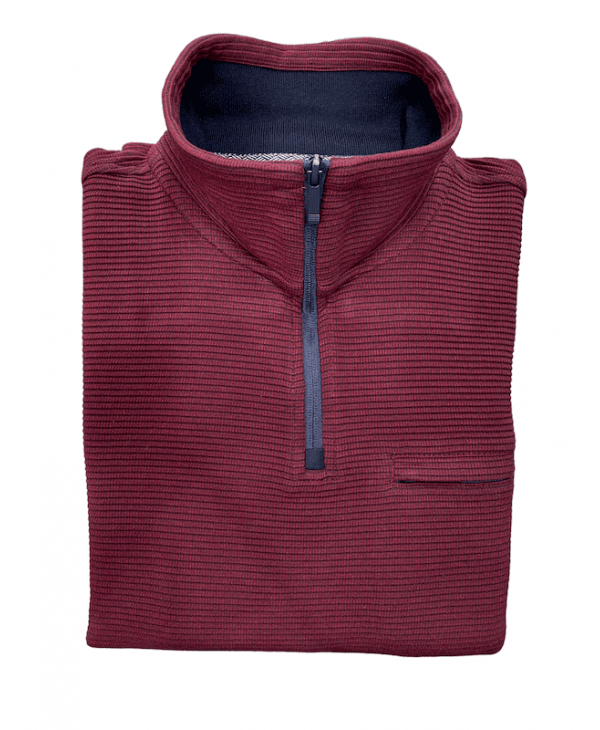 Burgundy zip up polo with blue trim and zip pocket POLO ZIP LONG SLEEVE