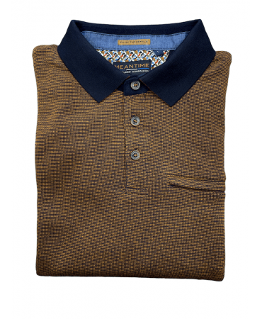 Button-down polo shirt in taupe with blue trim and zip pocket
