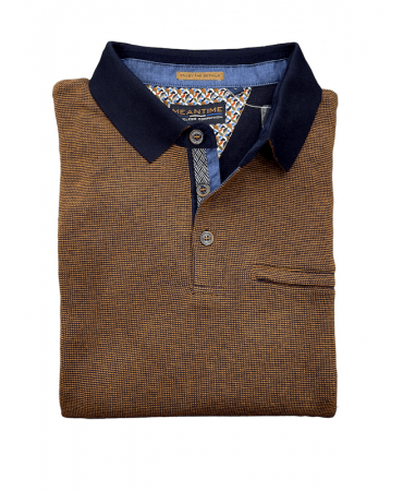 Button-down polo shirt in taupe with blue trim and zip pocket