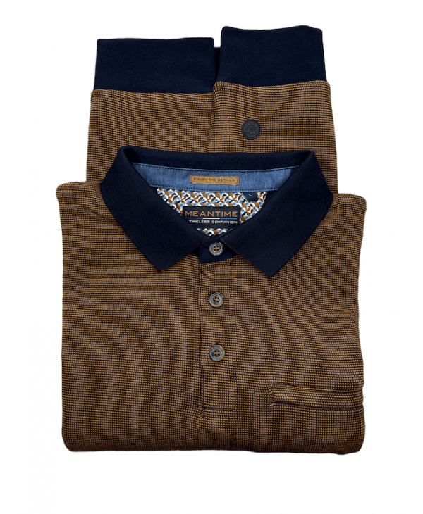 Button-down polo shirt in taupe with blue trim and zip pocket POLO BUTTON LONG SLEEVE