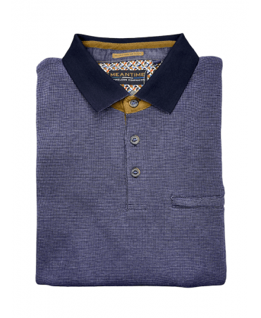 Purple button down polo with blue trim as well as a zipped pocket