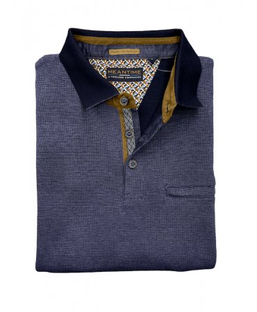 Purple button down polo with blue trim as well as a zipped pocket