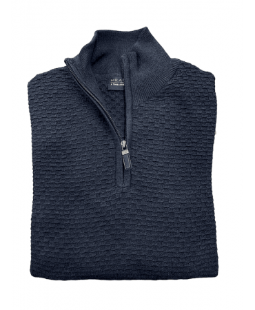 Meantime men's blouse in knitted cotton with a zipper in the color blue with an embossed design