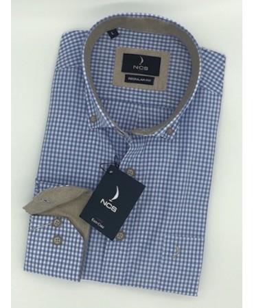 Ncs small plaid blue shirt with beige buttons and details