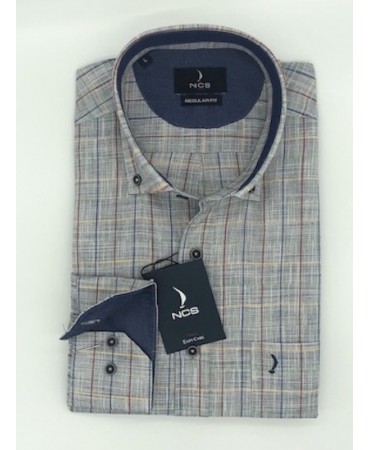 NCS Comfortable gray light shirt with plaid blue and red and beige as well as blue trim