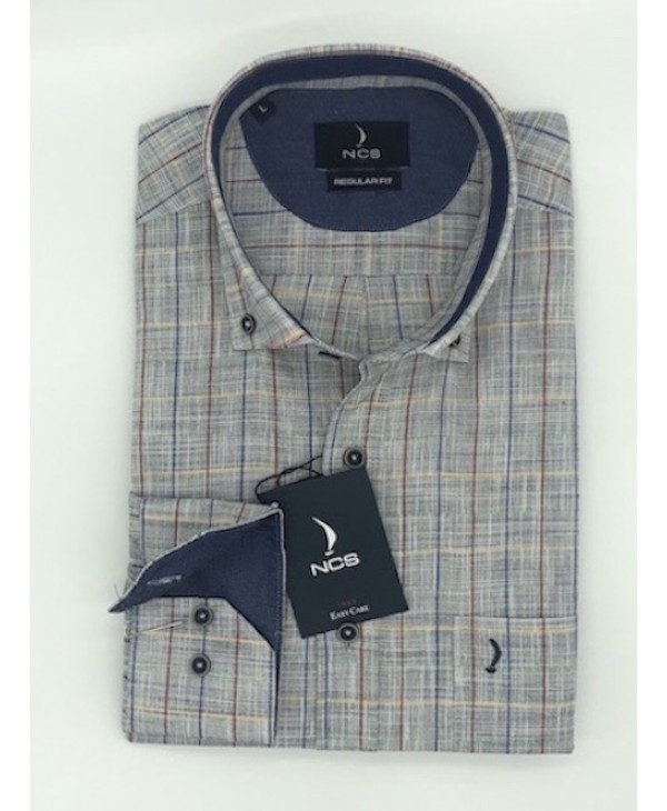 NCS Comfortable gray light shirt with plaid blue and red and beige as well as blue trim  NCS SHIRTS