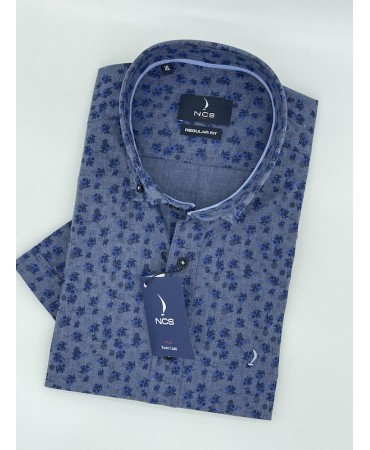 Ncs Men's Shirt Comfortable Line Printed on Blue Base with Button on Collar