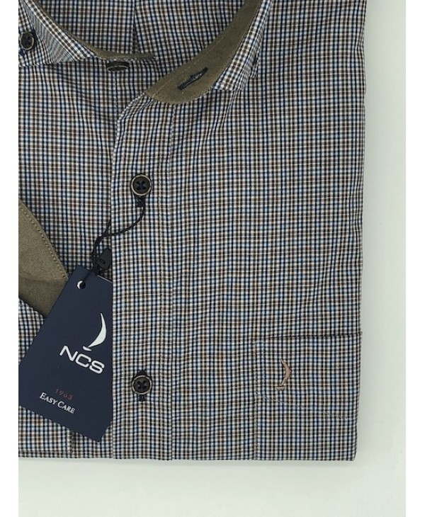 Plaid Shirt NCS Beige with Blue with Button on the Collar and Pocket  NCS SHIRTS
