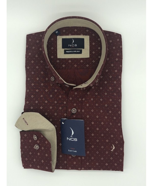 Ncs Dark Red Shirt with Beige Micro Design and Beige Cuff and Collar Inner  NCS SHIRTS