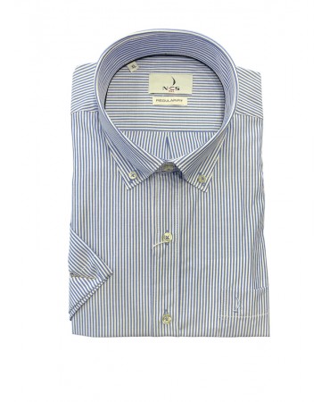 Men's striped blue short sleeve shirt with pocket