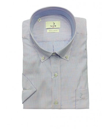Ncs men's shirt white with lilac small check short sleeve in comfortable line