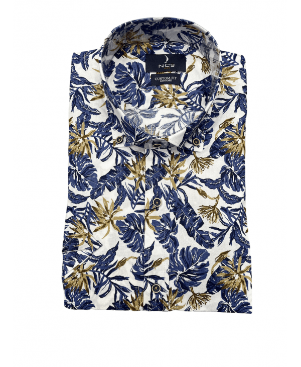 Ncs printed shirt with short sleeves on a white base with blue leaves  NCS SHIRTS