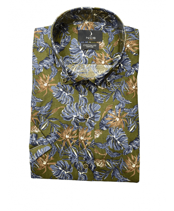 Printed shirt with short sleeves on a green base with blue leaves by Ncs  NCS SHIRTS