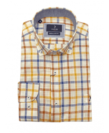Shirt with plaid blue brown and yellow on the basis of ecru ncs