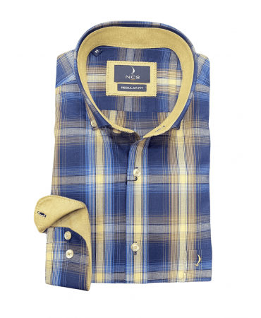 Shirt with large beige plaid on a blue ncs base