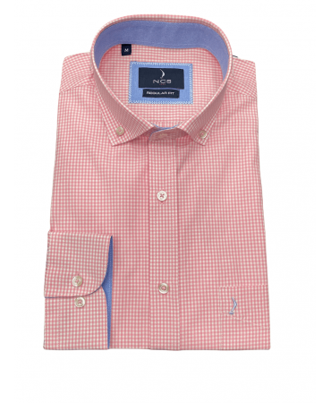 Pink shirt with small cart and blue ncs trim